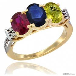 10K Yellow Gold Natural Ruby, Blue Sapphire & Lemon Quartz Ring 3-Stone Oval 7x5 mm Diamond Accent