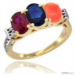 10K Yellow Gold Natural Ruby, Blue Sapphire & Coral Ring 3-Stone Oval 7x5 mm Diamond Accent