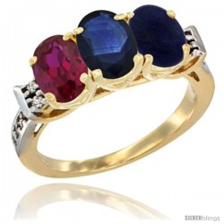 10K Yellow Gold Natural Ruby, Blue Sapphire & Lapis Ring 3-Stone Oval 7x5 mm Diamond Accent