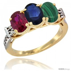 10K Yellow Gold Natural Ruby, Blue Sapphire & Malachite Ring 3-Stone Oval 7x5 mm Diamond Accent