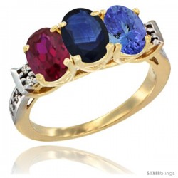 10K Yellow Gold Natural Ruby, Blue Sapphire & Tanzanite Ring 3-Stone Oval 7x5 mm Diamond Accent