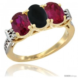 10K Yellow Gold Natural Black Onyx & Ruby Sides Ring 3-Stone Oval 7x5 mm Diamond Accent