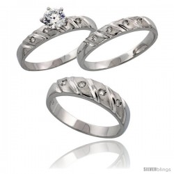 Sterling Silver 3-Piece Trio His (5.5 mm) & Hers (4 mm) CZ Wedding Ring Band Set