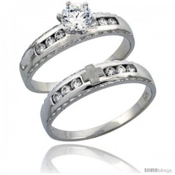 Sterling Silver 2-Piece Engagement Ring Set CZ Stones Rhodium finish, 3/16 in. 5 mm