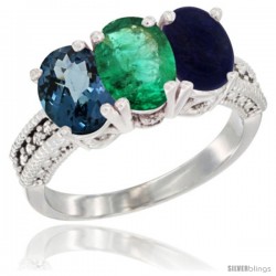 10K White Gold Natural London Blue Topaz, Emerald & Lapis Ring 3-Stone Oval 7x5 mm Diamond Accent