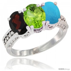 10K White Gold Natural Garnet, Peridot & Turquoise Ring 3-Stone Oval 7x5 mm Diamond Accent