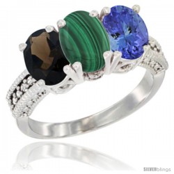 14K White Gold Natural Smoky Topaz, Malachite & Tanzanite Ring 3-Stone 7x5 mm Oval Diamond Accent