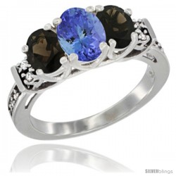 14K White Gold Natural Tanzanite & Smoky Topaz Ring 3-Stone Oval with Diamond Accent