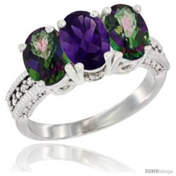 14K White Gold Natural Amethyst & Mystic Topaz Ring 3-Stone 7x5 mm Oval Diamond Accent