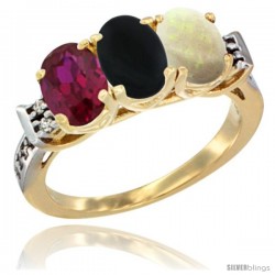 10K Yellow Gold Natural Ruby, Black Onyx & Opal Ring 3-Stone Oval 7x5 mm Diamond Accent