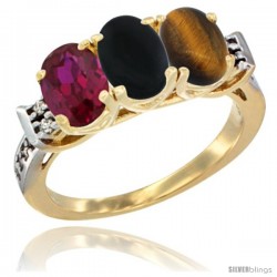 10K Yellow Gold Natural Ruby, Black Onyx & Tiger Eye Ring 3-Stone Oval 7x5 mm Diamond Accent