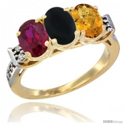 10K Yellow Gold Natural Ruby, Black Onyx & Whisky Quartz Ring 3-Stone Oval 7x5 mm Diamond Accent