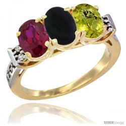 10K Yellow Gold Natural Ruby, Black Onyx & Lemon Quartz Ring 3-Stone Oval 7x5 mm Diamond Accent