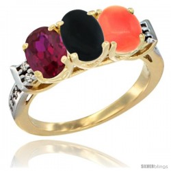 10K Yellow Gold Natural Ruby, Black Onyx & Coral Ring 3-Stone Oval 7x5 mm Diamond Accent