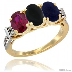 10K Yellow Gold Natural Ruby, Black Onyx & Lapis Ring 3-Stone Oval 7x5 mm Diamond Accent