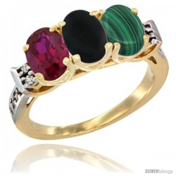 10K Yellow Gold Natural Ruby, Black Onyx & Malachite Ring 3-Stone Oval 7x5 mm Diamond Accent