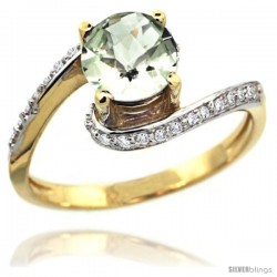 14k Gold Natural Green Amethyst Swirl Design Ring 6 mm Round Shape Diamond Accent, 1/2 in wide