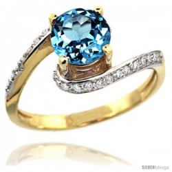 14k Gold Natural Swiss Blue Topaz Swirl Design Ring 6 mm Round Shape Diamond Accent, 1/2 in wide