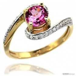 14k Gold Natural Pink Topaz Swirl Design Ring 6 mm Round Shape Diamond Accent, 1/2 in wide