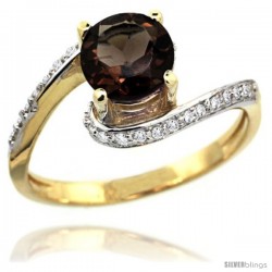 14k Gold Natural Smoky Topaz Swirl Design Ring 6 mm Round Shape Diamond Accent, 1/2 in wide