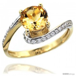 14k Gold Natural Citrine Swirl Design Ring 6 mm Round Shape Diamond Accent, 1/2 in wide