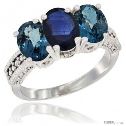 10K White Gold Natural Blue Sapphire & London Blue Topaz Sides Ring 3-Stone Oval 7x5 mm Diamond Accent