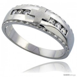 Sizes 8 to 14 Sterling Silver Mens Wedding Ring CZ Stones Rhodium Finish 9/32 in 7 mm 
