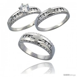 Sterling Silver 3-Piece His 7 mm & Hers 5 mm Trio Wedding Ring Set CZ Stones Rhodium Finish