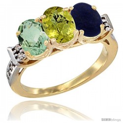 10K Yellow Gold Natural Green Amethyst, Lemon Quartz & Lapis Ring 3-Stone Oval 7x5 mm Diamond Accent