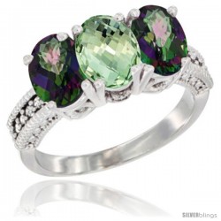 14K White Gold Natural Green Amethyst & Mystic Topaz Ring 3-Stone 7x5 mm Oval Diamond Accent