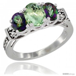 14K White Gold Natural Green Amethyst & Mystic Topaz Ring 3-Stone Oval with Diamond Accent