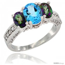 14k White Gold Ladies Oval Natural Swiss Blue 3-Stone Ring with Mystic Topaz Sides Diamond Accent