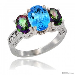 14K White Gold Ladies 3-Stone Oval Natural Swiss Blue Topaz Ring with Mystic Topaz Sides Diamond Accent