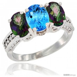 14K White Gold Natural Swiss Blue Topaz & Mystic Topaz Ring 3-Stone 7x5 mm Oval Diamond Accent