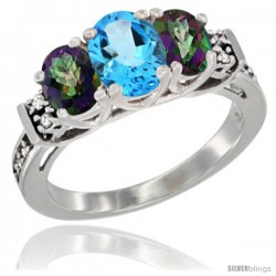 14K White Gold Natural Swiss Blue Topaz & Mystic Topaz Ring 3-Stone Oval with Diamond Accent