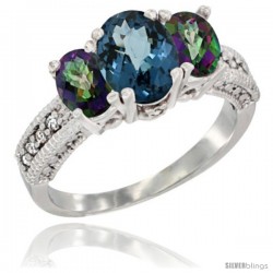 14k White Gold Ladies Oval Natural London Blue 3-Stone Ring with Mystic Topaz Sides Diamond Accent