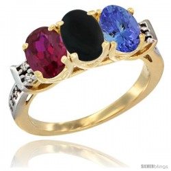 10K Yellow Gold Natural Ruby, Black Onyx & Tanzanite Ring 3-Stone Oval 7x5 mm Diamond Accent