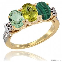 10K Yellow Gold Natural Green Amethyst, Lemon Quartz & Malachite Ring 3-Stone Oval 7x5 mm Diamond Accent