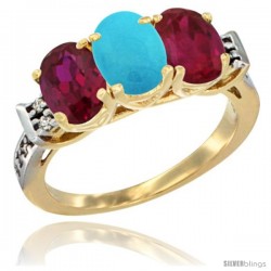 10K Yellow Gold Natural Turquoise & Ruby Sides Ring 3-Stone Oval 7x5 mm Diamond Accent