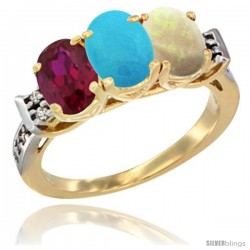 10K Yellow Gold Natural Ruby, Turquoise & Opal Ring 3-Stone Oval 7x5 mm Diamond Accent