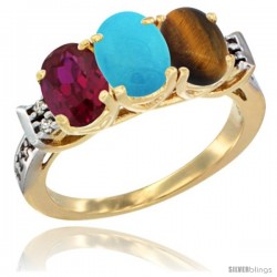 10K Yellow Gold Natural Ruby, Turquoise & Tiger Eye Ring 3-Stone Oval 7x5 mm Diamond Accent