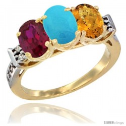 10K Yellow Gold Natural Ruby, Turquoise & Whisky Quartz Ring 3-Stone Oval 7x5 mm Diamond Accent