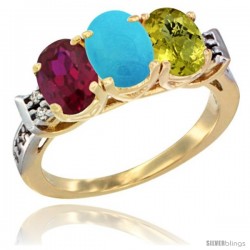 10K Yellow Gold Natural Ruby, Turquoise & Lemon Quartz Ring 3-Stone Oval 7x5 mm Diamond Accent