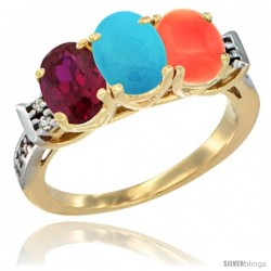 10K Yellow Gold Natural Ruby, Turquoise & Coral Ring 3-Stone Oval 7x5 mm Diamond Accent