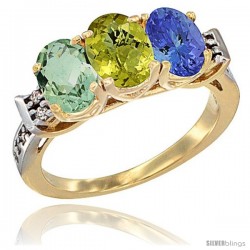 10K Yellow Gold Natural Green Amethyst, Lemon Quartz & Tanzanite Ring 3-Stone Oval 7x5 mm Diamond Accent