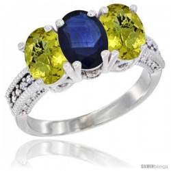 14K White Gold Natural Blue Sapphire Ring with Lemon Quartz 3-Stone 7x5 mm Oval Diamond Accent