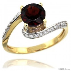 14k Gold Natural Garnet Swirl Design Ring 6 mm Round Shape Diamond Accent, 1/2 in wide