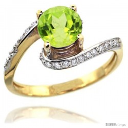 14k Gold Natural Peridot Swirl Design Ring 6 mm Round Shape Diamond Accent, 1/2 in wide