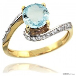 14k Gold Natural Aquamarine Swirl Design Ring 6 mm Round Shape Diamond Accent, 1/2 in wide