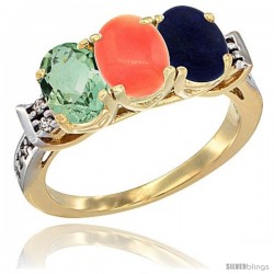 10K Yellow Gold Natural Green Amethyst, Coral & Lapis Ring 3-Stone Oval 7x5 mm Diamond Accent